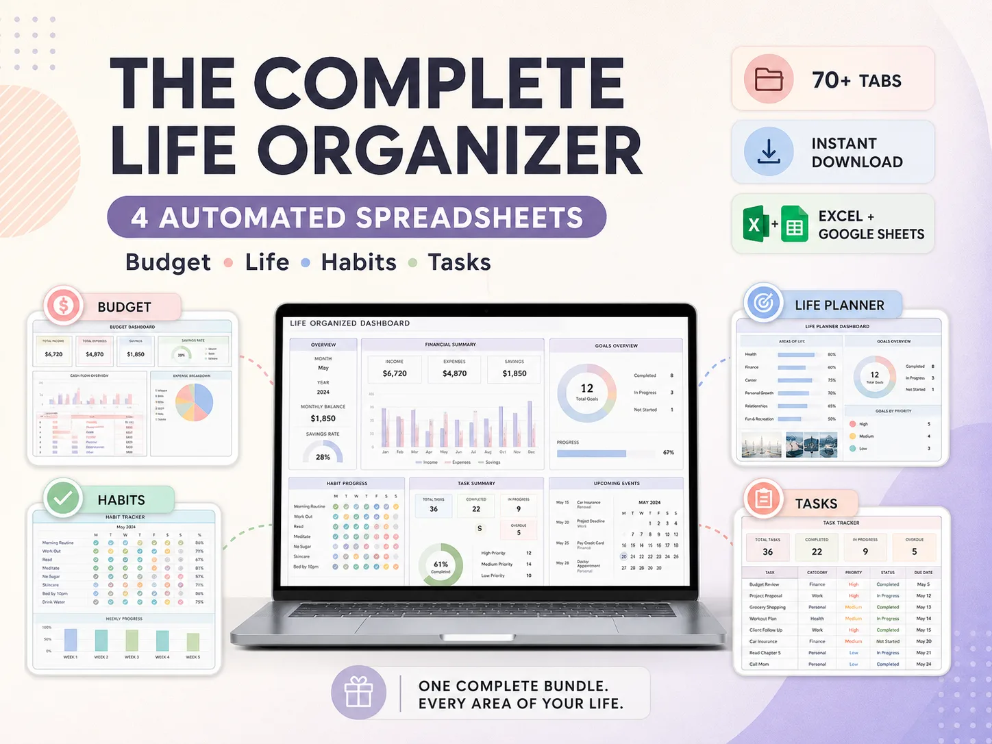 The Complete Life Organizer - 4 Automated Spreadsheets, 70+ Tabs